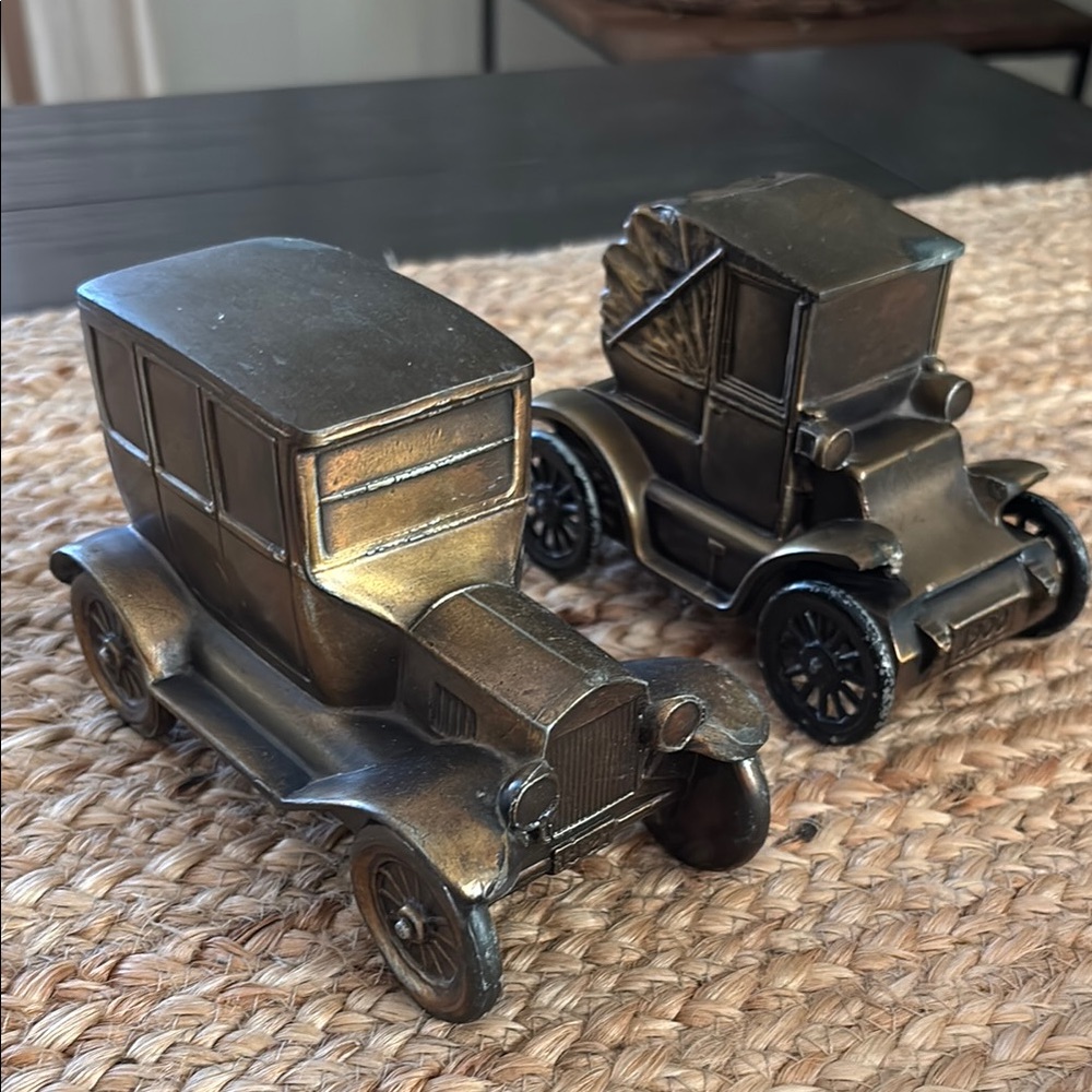 Vintage Banthrico INC Brass Car Coin Bank Chicago USA Die Cast No key (set of 2)